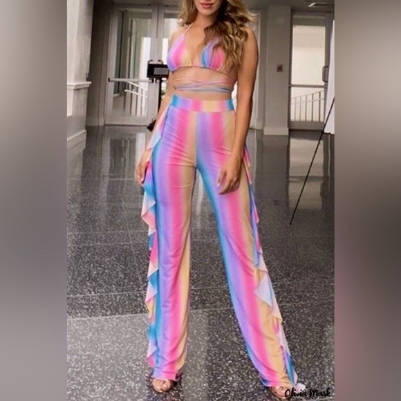 NIB Striped Pink Blue Sexy Halter Mesh Sheer Bikini 2 Piece Pants Outfit Large - Picture 1 of 11